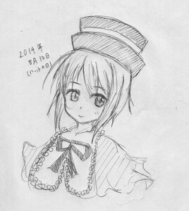 Rating: Safe Score: 0 Tags: 1girl bangs blush closed_mouth dated eyebrows_visible_through_hair greyscale hat image looking_at_viewer monochrome short_hair smile solo souseiseki traditional_media upper_body User: admin