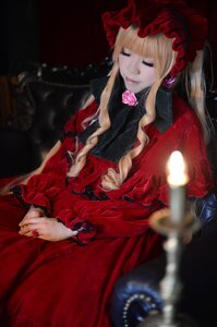 Rating: Safe Score: 0 Tags: 1girl blonde_hair blurry bonnet closed_eyes depth_of_field dress flower long_hair long_sleeves pink_rose red_dress rose shinku solo User: admin