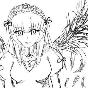 Rating: Safe Score: 0 Tags: 1girl auto_tagged breasts detached_collar dress greyscale hairband image lolita_hairband long_hair looking_at_viewer monochrome simple_background sketch smile solo suigintou white_background User: admin
