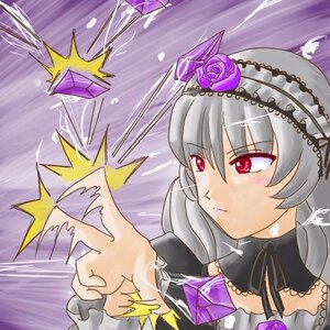 Rating: Safe Score: 0 Tags: 1girl black_wings dress emphasis_lines flower hairband image long_hair purple_flower purple_rose rain rose silver_hair solo suigintou User: admin