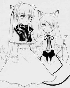 Rating: Safe Score: 0 Tags: 2girls animal_ears blush dress greyscale image long_hair long_sleeves looking_at_viewer monochrome multiple_girls pair ribbon shinku suiseiseki tail User: admin