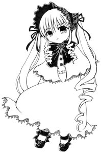 Rating: Safe Score: 0 Tags: 1girl blush bow capelet dress full_body greyscale hairband image long_hair long_sleeves looking_at_viewer monochrome shinku simple_background solo standing twintails very_long_hair white_background User: admin