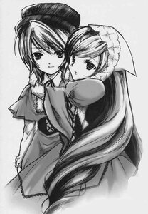 Rating: Safe Score: 0 Tags: 2girls capelet dress greyscale hat hug image long_hair long_sleeves looking_at_viewer monochrome multiple_girls pair simple_background smile souseiseki suiseiseki very_long_hair User: admin