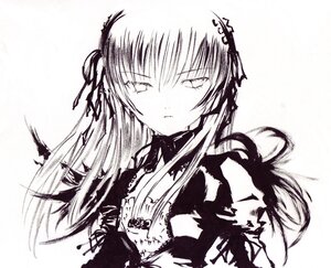 Rating: Safe Score: 0 Tags: 1girl bangs closed_mouth dress hair_ribbon image long_hair long_sleeves looking_at_viewer monochrome ribbon simple_background solo suigintou two_side_up upper_body white_background User: admin