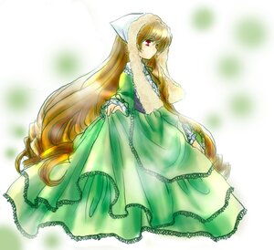 Rating: Safe Score: 0 Tags: 1girl blonde_hair brown_hair dress drill_hair frills full_body green_dress head_scarf image long_hair long_sleeves red_eyes solo suiseiseki twin_drills very_long_hair User: admin