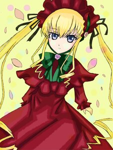 Rating: Safe Score: 0 Tags: 1girl blonde_hair blue_eyes bonnet bow bowtie capelet cowboy_shot dress flower green_bow green_neckwear image long_hair long_sleeves looking_at_viewer petals red_dress rose_petals shinku sidelocks solo twintails yellow_background User: admin
