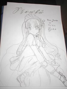 Rating: Safe Score: 0 Tags: 1girl dated dress greyscale image long_hair long_sleeves looking_at_viewer maid_headdress monochrome photo shinku sketch solo standing traditional_media very_long_hair User: admin