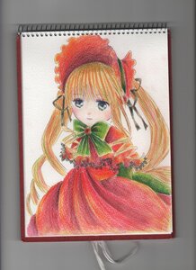 Rating: Safe Score: 0 Tags: 1girl blonde_hair bonnet bow bowtie dress green_bow green_eyes green_neckwear image long_hair long_sleeves looking_at_viewer marker_(medium) photo red_dress ribbon shinku simple_background solo traditional_media twintails white_background User: admin