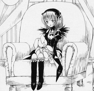 Rating: Safe Score: 0 Tags: 1girl blush boots chair dress frills full_body greyscale hairband image knee_boots long_hair long_sleeves looking_at_viewer monochrome sitting solo suigintou wings User: admin