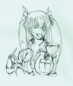 Rating: Safe Score: 0 Tags: 1girl barasuishou blue_theme breasts hair_ribbon image large_breasts long_hair monochrome one_eye_closed open_mouth ribbon shirt sketch smile solo twintails uniform upper_body User: admin