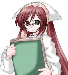Rating: Safe Score: 0 Tags: 1girl book brown_hair eyebrows_visible_through_hair glasses green_eyes heterochromia holding image long_hair long_sleeves looking_at_viewer red_eyes red_hair simple_background solo suiseiseki upper_body very_long_hair white_background User: admin