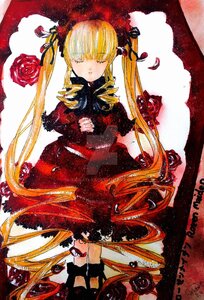 Rating: Safe Score: 0 Tags: 1girl blonde_hair bow closed_eyes dress drill_hair flower image long_hair long_sleeves petals red_dress red_flower red_rose rose shinku solo traditional_media twin_drills twintails very_long_hair User: admin