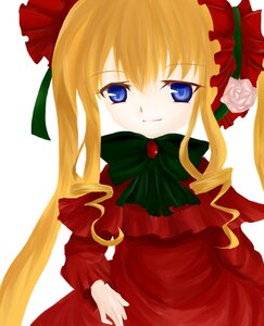 Rating: Safe Score: 0 Tags: 1girl blonde_hair blue_eyes bow bowtie dress drill_hair flower green_bow green_neckwear image long_hair long_sleeves looking_at_viewer red_dress rose shinku sidelocks simple_background smile solo twintails white_background User: admin