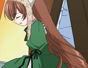 Rating: Safe Score: 0 Tags: 1girl apron bangs blush brown_hair closed_eyes dress eyebrows_visible_through_hair green_dress head_scarf image long_hair long_sleeves open_mouth profile solo suiseiseki very_long_hair User: admin