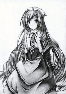 Rating: Safe Score: 0 Tags: 1girl dress frills graphite_(medium) greyscale image lolita_fashion long_hair looking_at_viewer monochrome solo suiseiseki traditional_media very_long_hair User: admin