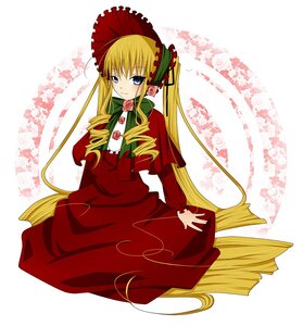 Rating: Safe Score: 0 Tags: 1girl blonde_hair blue_eyes blush bonnet bow bowtie dress drill_hair flower green_bow image long_hair long_sleeves looking_at_viewer pink_rose red_dress rose shinku sitting solo twintails very_long_hair User: admin