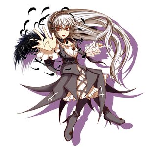 Rating: Safe Score: 0 Tags: 1girl black_wings boots dress frills full_body hairband high_heels image lolita_hairband long_hair long_sleeves looking_at_viewer open_mouth outstretched_hand red_eyes silver_hair solo suigintou wings User: admin