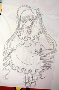 Rating: Safe Score: 0 Tags: 1girl bonnet bow dress frills full_body image long_hair long_sleeves looking_at_viewer monochrome shinku shoes solo standing traditional_media twintails very_long_hair User: admin