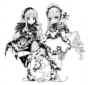 Rating: Safe Score: 0 Tags: 2girls dress drill_hair frills gothic_lolita greyscale hairband image lolita_fashion long_hair long_sleeves looking_at_viewer monochrome multiple_girls pair shinku suigintou thighhighs User: admin