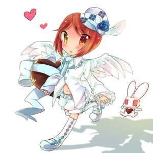 Rating: Safe Score: 0 Tags: 1girl angel_wings bird blush bow brown_hair chibi feathered_wings feathers hat heart heterochromia image midriff navel short_hair solo souseiseki striped thighhighs top_hat white_wings wings User: admin