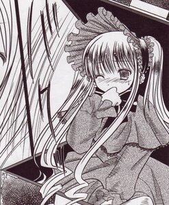 Rating: Safe Score: 0 Tags: 1girl blush bow bowtie dress frills greyscale image long_hair long_sleeves monochrome shinku solo very_long_hair User: admin