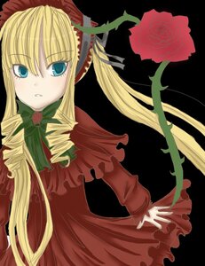 Rating: Safe Score: 0 Tags: 1girl blonde_hair blue_eyes bow bowtie dress drill_hair flower image long_hair long_sleeves looking_at_viewer red_dress rose shinku simple_background solo twintails User: admin