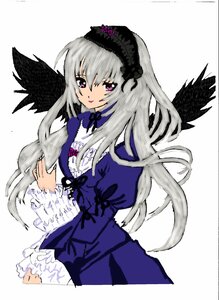 Rating: Safe Score: 0 Tags: 1girl :p black_wings cowboy_shot dress frills image long_hair long_sleeves looking_at_viewer pink_eyes silver_hair simple_background solo suigintou tongue tongue_out white_background wings User: admin