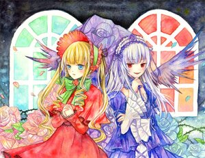 Rating: Safe Score: 0 Tags: 2girls blonde_hair blue_eyes blue_flower blue_rose bonnet bow dress drill_hair flower frills green_bow image long_hair long_sleeves looking_at_viewer marker_(medium) multiple_girls pair petals pink_flower pink_rose red_dress red_eyes red_flower red_rose rose shinku silver_hair suigintou traditional_media twintails very_long_hair watercolor_(medium) wings User: admin