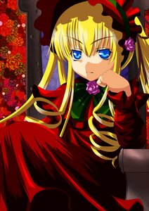 Rating: Safe Score: 0 Tags: 1girl blonde_hair blue_eyes bow bowtie dress flower green_bow hat image long_hair long_sleeves looking_at_viewer pink_rose red_dress red_flower red_rose rose shinku solo User: admin