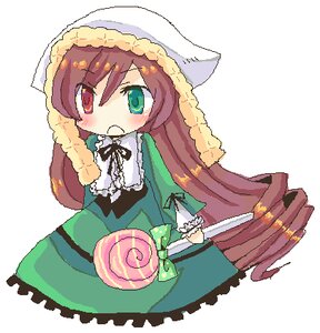 Rating: Safe Score: 0 Tags: 1girl bow brown_hair candy dress food frills green_dress green_eyes hat heterochromia image lollipop long_hair long_sleeves red_eyes solo suiseiseki very_long_hair white_background User: admin