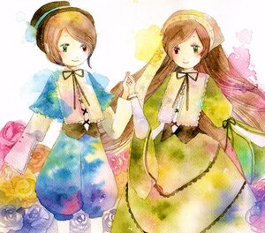 Rating: Safe Score: 0 Tags: 2girls blue_dress brown_hair dress flower green_dress green_eyes hat head_scarf heterochromia holding_hands image long_hair long_sleeves looking_at_viewer multiple_girls pair red_eyes rose short_hair siblings sisters smile souseiseki suiseiseki twins very_long_hair watercolor_(medium) User: admin