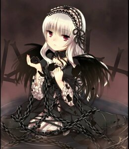 Rating: Safe Score: 0 Tags: 1girl black_border chain chained cuffs dress flower frills gothic_lolita hairband handcuffs image letterboxed lolita_fashion long_hair long_sleeves looking_at_viewer pocket_watch red_eyes ribbon rose shackles silver_hair sitting solo suigintou white_hair wings User: admin