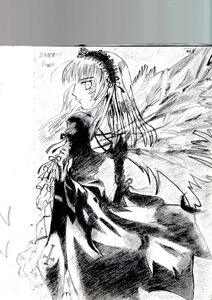 Rating: Safe Score: 0 Tags: 1girl closed_mouth dress frills greyscale hairband image long_hair long_sleeves monochrome solo suigintou traditional_media wings User: admin