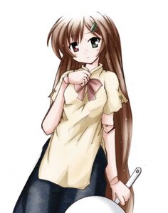 Rating: Safe Score: 0 Tags: 1girl bow bowtie brown_hair green_eyes hair_ornament hairclip heterochromia image long_hair looking_at_viewer red_bow short_sleeves simple_background solo standing suiseiseki very_long_hair white_background User: admin