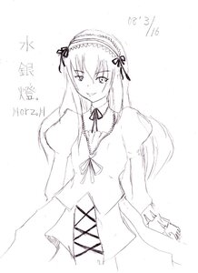 Rating: Safe Score: 0 Tags: 1girl detached_collar dress frills greyscale hairband image juliet_sleeves long_hair long_sleeves looking_at_viewer monochrome puffy_sleeves ribbon simple_background smile solo standing suigintou white_background User: admin