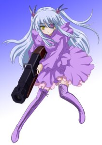 Rating: Safe Score: 0 Tags: 1girl barasuishou boots cross-laced_footwear dress eyepatch full_body gradient gradient_background gun hair_ornament image long_hair long_sleeves purple_dress purple_footwear silver_hair solo thigh_boots thighhighs two_side_up weapon yellow_eyes User: admin