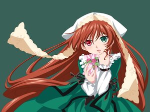 Rating: Safe Score: 0 Tags: 1girl brown_hair dress flower frills green_dress green_eyes head_scarf heterochromia image long_hair long_sleeves looking_at_viewer open_mouth red_eyes ribbon simple_background smile solo suiseiseki very_long_hair User: admin