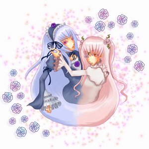 Rating: Safe Score: 0 Tags: 2girls dress flower frills hairband image kirakishou long_hair multiple_girls pair pink_eyes pink_hair purple_eyes rose silver_hair suigintou white_flower white_rose User: admin