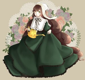 Rating: Safe Score: 0 Tags: 1girl brown_hair dress flower frills green_dress green_eyes heterochromia image long_hair long_sleeves pink_rose red_eyes ribbon rose solo suiseiseki very_long_hair watering_can User: admin