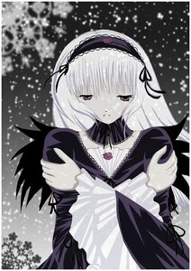 Rating: Safe Score: 0 Tags: 1girl blush closed_mouth dress hairband image lolita_hairband long_hair long_sleeves looking_at_viewer monochrome puffy_sleeves snowing solo suigintou wings User: admin