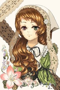 Rating: Safe Score: 0 Tags: 1girl brown_hair dress flower green_dress green_eyes head_scarf heterochromia image long_hair ribbon solo suiseiseki upper_body User: admin