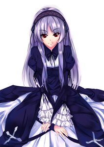 Rating: Safe Score: 0 Tags: 1girl bangs dress eyebrows_visible_through_hair frills hairband image juliet_sleeves long_hair long_sleeves looking_at_viewer puffy_sleeves red_eyes simple_background sitting smile solo suigintou v_arms very_long_hair white_background User: admin