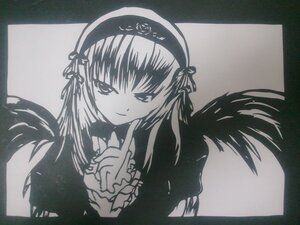 Rating: Safe Score: 0 Tags: 1girl black_wings feathered_wings flower frills greyscale hairband image index_finger_raised long_hair long_sleeves looking_at_viewer monochrome photo ribbon shikishi simple_background smile solo suigintou traditional_media upper_body wings User: admin