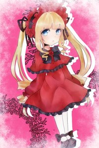 Rating: Safe Score: 0 Tags: 1girl blonde_hair blue_eyes blush bonnet bow bowtie capelet dress flower full_body image long_hair long_sleeves looking_at_viewer pantyhose red_dress shinku shoes solo standing twintails white_legwear User: admin