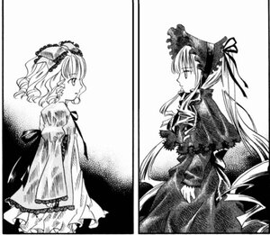 Rating: Safe Score: 0 Tags: 2girls bow dress eye_contact frills greyscale hairband hinaichigo image long_hair long_sleeves looking_at_another monochrome multiple_girls pair profile shinku suigintou wings User: admin