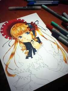 Rating: Safe Score: 0 Tags: 1girl bangs blonde_hair blue_eyes bonnet dress flower image long_hair long_sleeves looking_at_viewer marker_(medium) photo shinku simple_background solo traditional_media twintails watercolor_(medium) User: admin