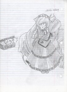 Rating: Safe Score: 0 Tags: 1girl auto_tagged blush braid dress frills greyscale image long_hair monochrome pillow solo suiseiseki traditional_media very_long_hair User: admin