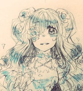 Rating: Safe Score: 0 Tags: 1girl eyebrows_visible_through_hair flower hair_flower hair_ornament heart image kirakishou long_hair looking_at_viewer monochrome petals rose smile solo traditional_media upper_body User: admin