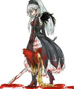 Rating: Safe Score: 0 Tags: 1girl blonde_hair blood blood_on_face blood_splatter bloody_clothes bloody_hands bloody_weapon dress frilled_sleeves frills guro image lolita_hairband long_hair long_sleeves osakana_(denpa_yun'yun) red_eyes rozen_maiden severed_head shinku silver_hair solo suigintou sword tongue weapon white_background wings User: admin