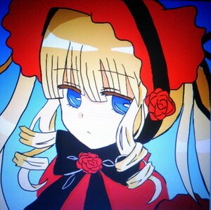 Rating: Safe Score: 0 Tags: 1girl bangs blonde_hair blue_background blue_eyes bonnet drill_hair expressionless eyebrows_visible_through_hair flower image long_hair looking_at_viewer millipen_(medium) red_flower red_rose ringlets rose shinku sidelocks simple_background solo traditional_media twin_drills User: admin